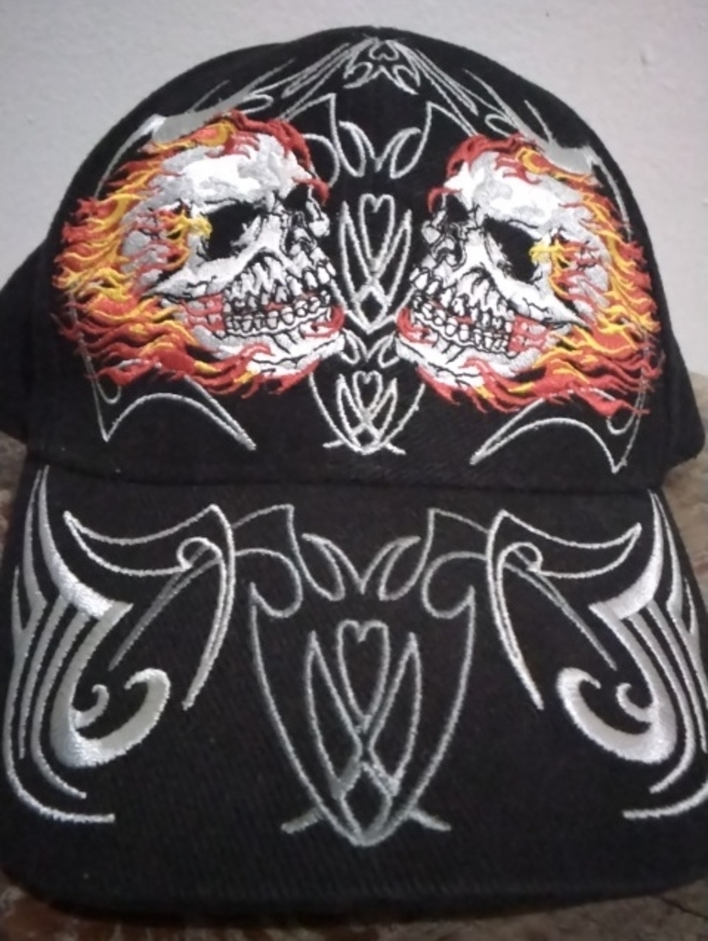 Black Skull & Flame Embroidered Baseball Cap By Hot Leathers
